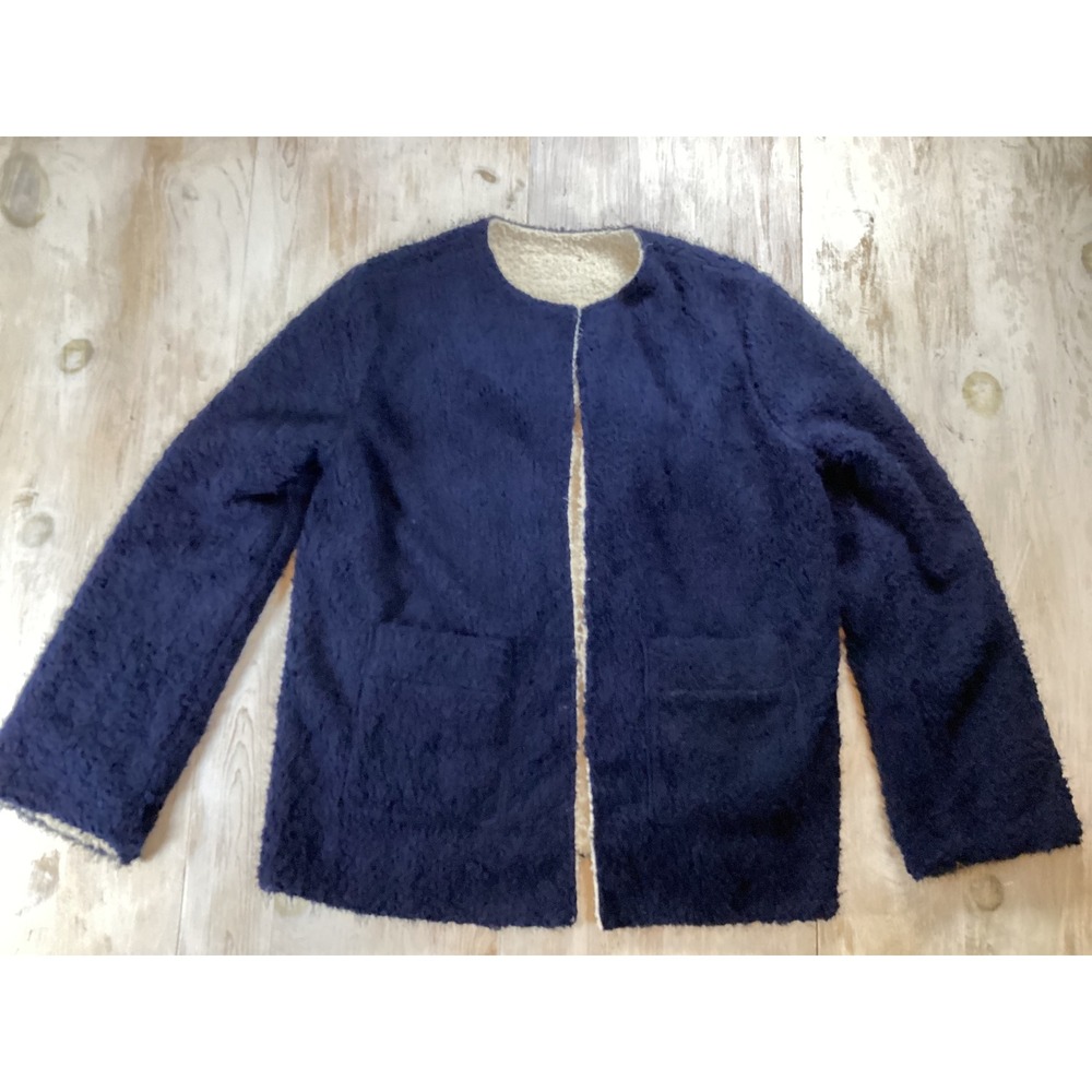 Reversible Blue Cream Boucle Knit Jacket Pockets Textured Womens medium
